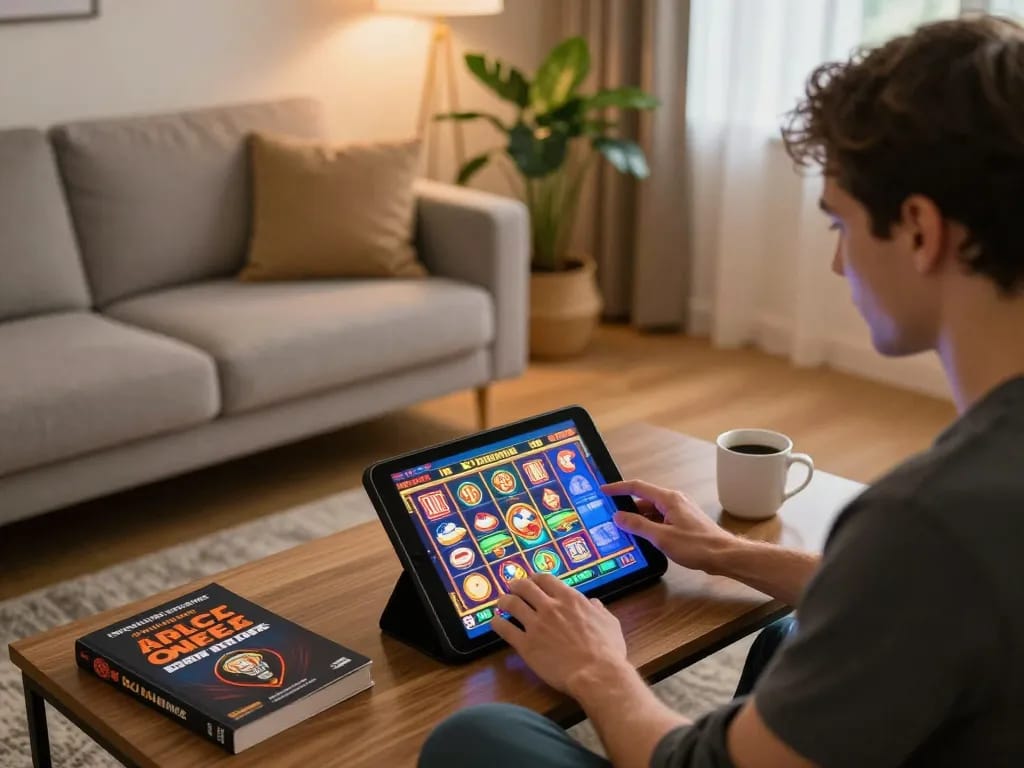 Engaging with cm88 casino app on tablet in a warm home environment, showcasing responsible gaming