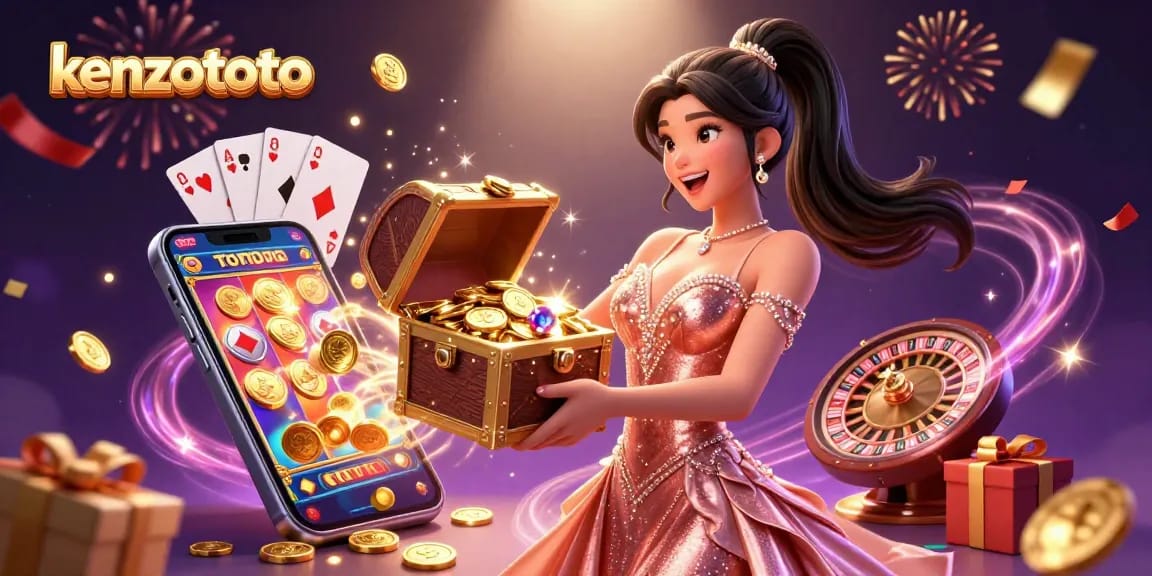 Kenzototo presents a joyful Asian woman revealing a treasure chest of winnings in a vibrant casino scene.