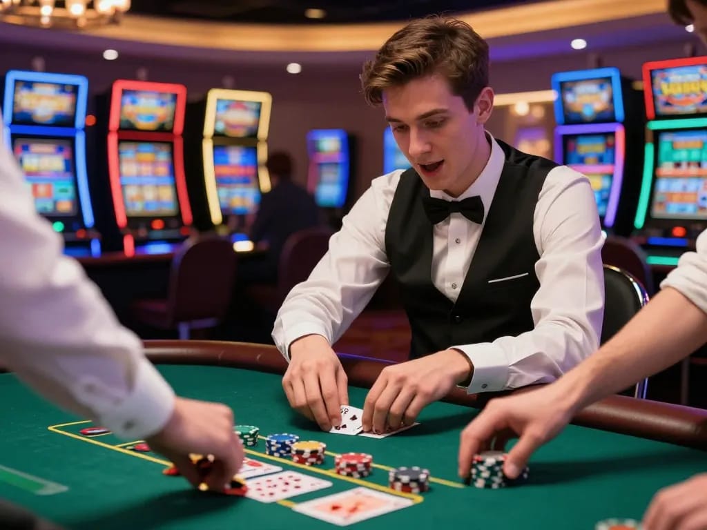79king making a strategic bet at a blackjack table in a lively casino atmosphere