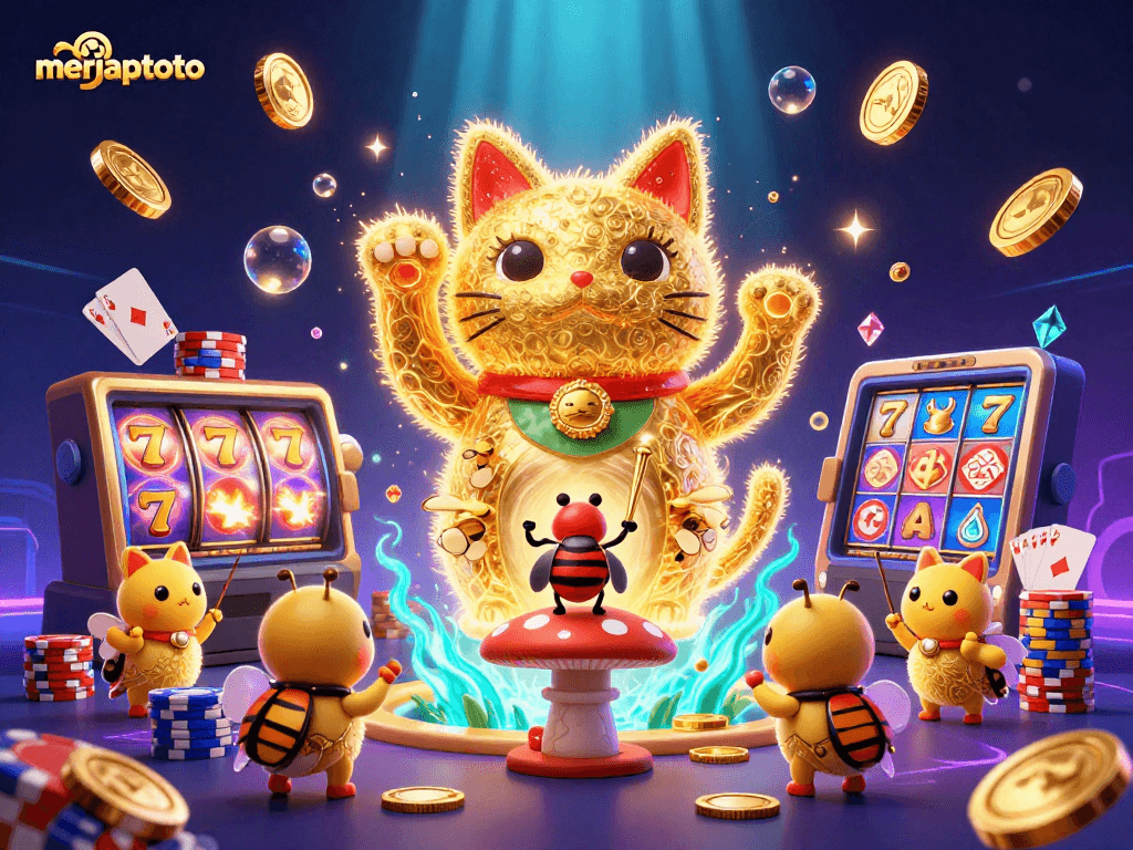 Slot game kemenangan besar di meriahtoto dengan kucing keberuntungan dan simbol kasino yang menggiurkan.