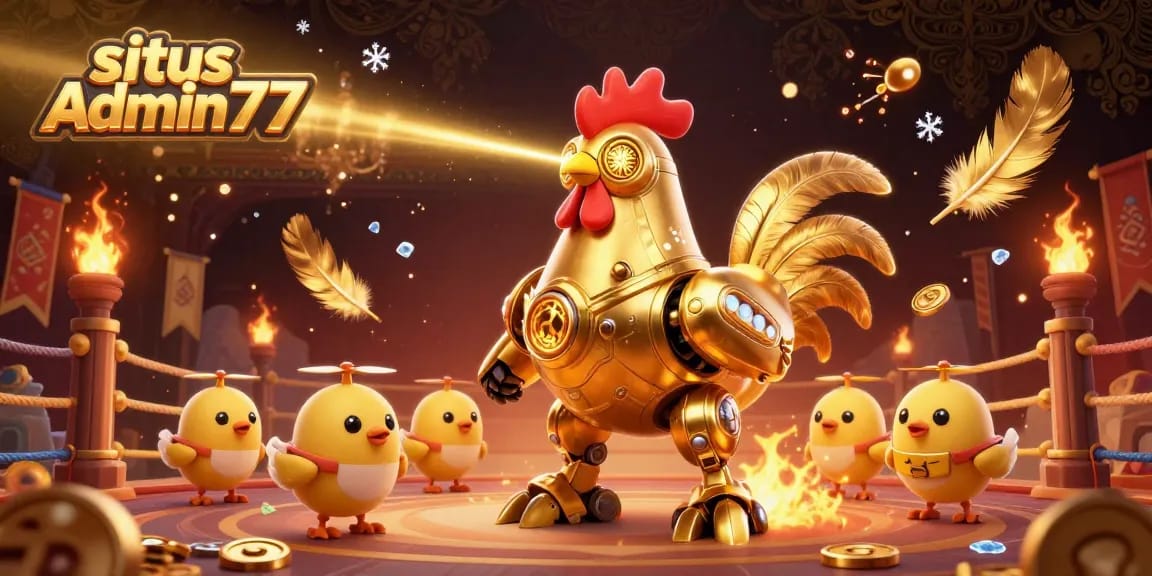 Engage with situs Admin77's vibrant golden rooster robot in a rich casino-themed illustration.