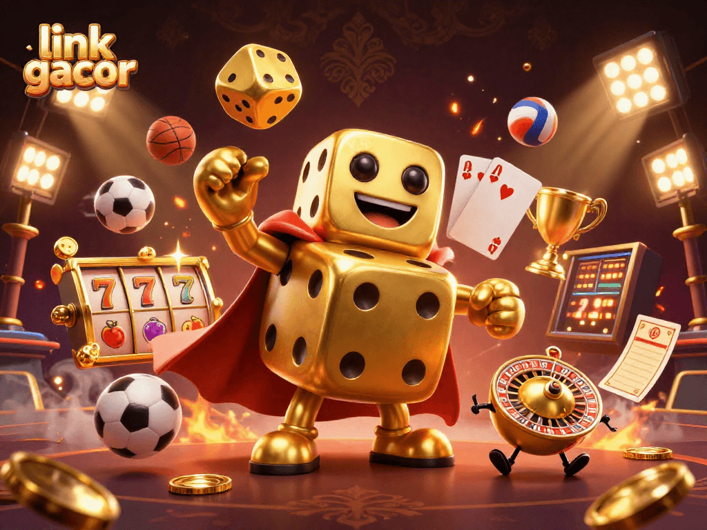 Engage with link gacor by experiencing thrilling slot gaming with a lively golden dice golem and vibrant casino elements.