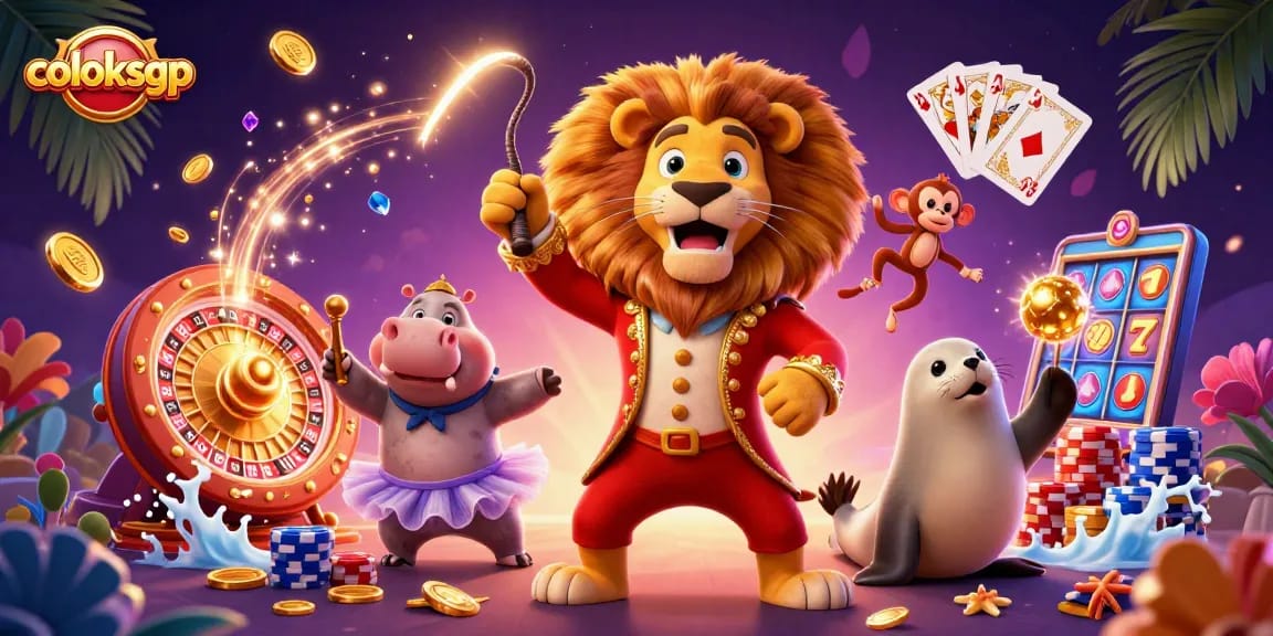 Play coloksgp dengan penuh keseruan, menampilkan singa, hippo, dan monyet dalam aksi menarik.