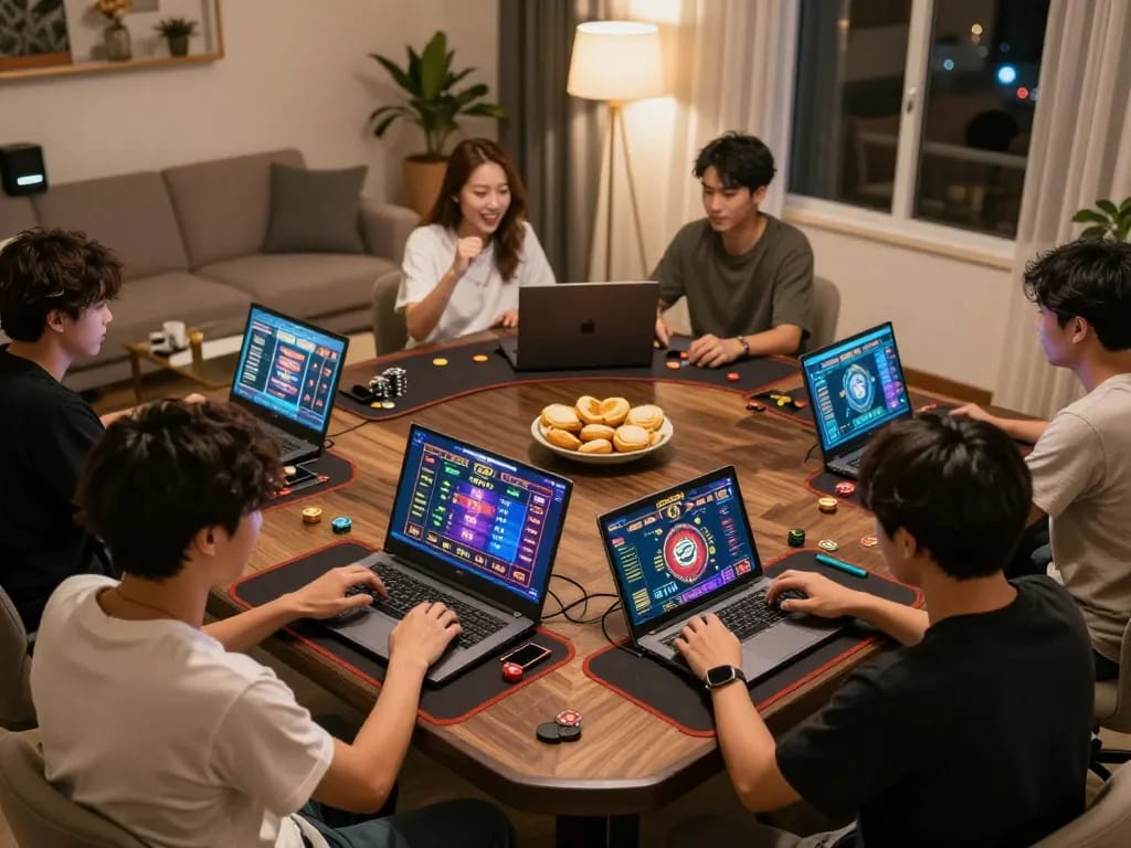 Dynamic online gaming scene with players enjoying qq mobil on laptops and tablets, celebrating wins.
