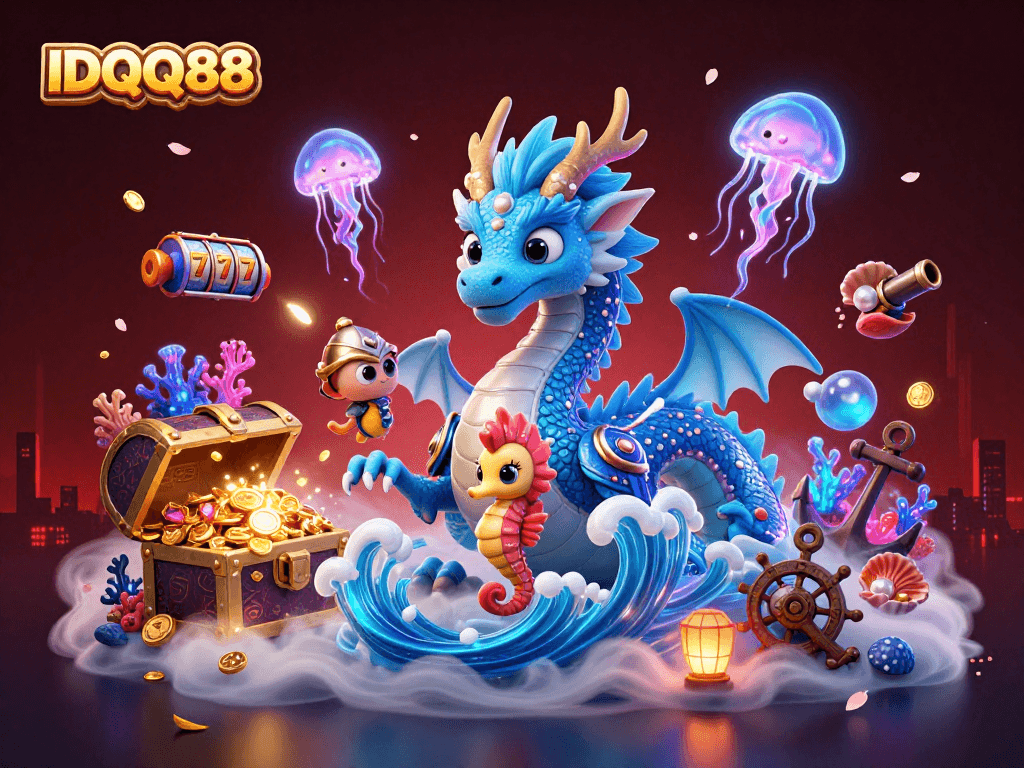 Experience the excitement of gambling with IDQQ88 featuring a water dragon and vibrant underwater themes.