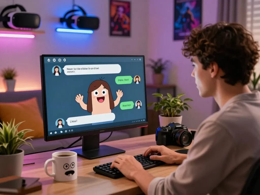 Engaging in nsfw ai chat on a computer in a cozy home office.