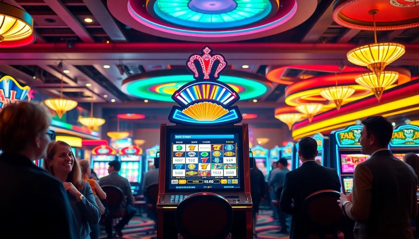 Slot machine menarik perhatian di kasino dengan pemain yang antusias.