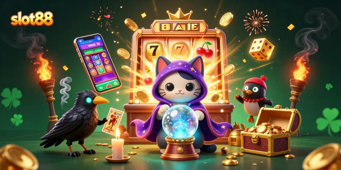 Experience exciting slot88 gaming action with a mystical cat and raven in a vibrant casino atmosphere.