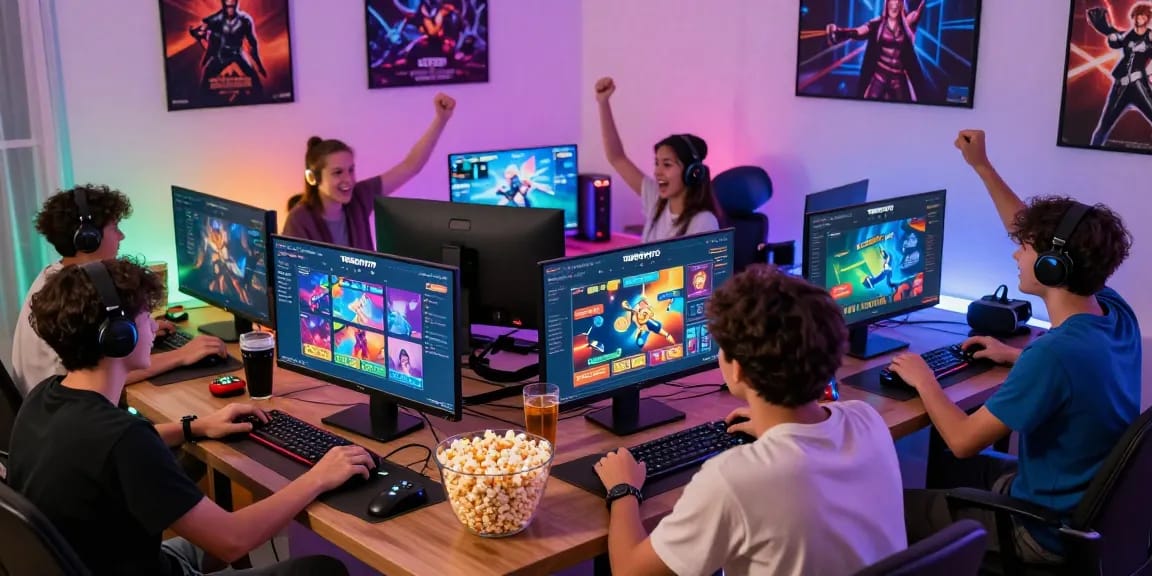 Exciting gaming session at home featuring friends playing TEMPOTOTO slot gacor games with vibrant LED lights.