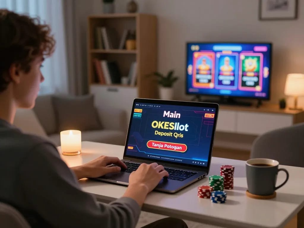 Main OKESlot Deposit Qris Tanpa Potongan ditampilkan di laptop, dengan seorang pemain terlibat dalam permainan online strategis di rumah.