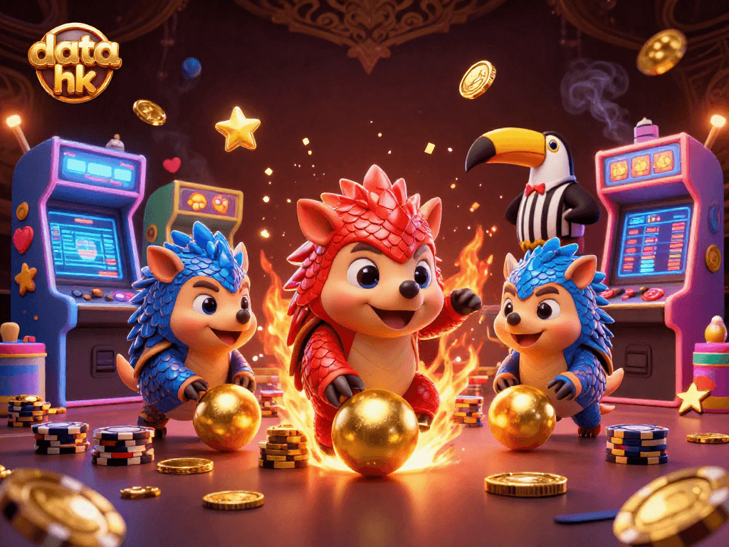 Mainkan data hk sambil melihat pangolin berwarna merah dan biru bersaing di luar kasino dengan piala dan chip poker