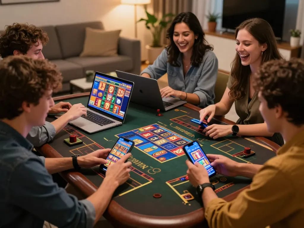 Players enjoying exciting slot online games on devices in a cozy living room setting.