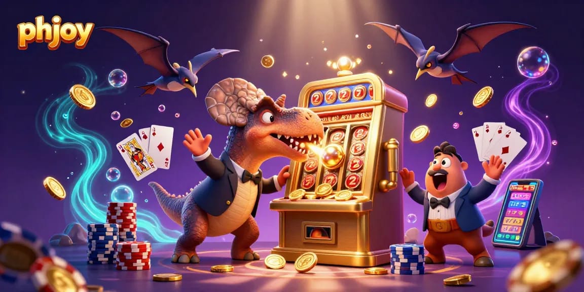 Headbutting golden slot machine to win coins, showcasing phjoy's exciting gaming atmosphere.