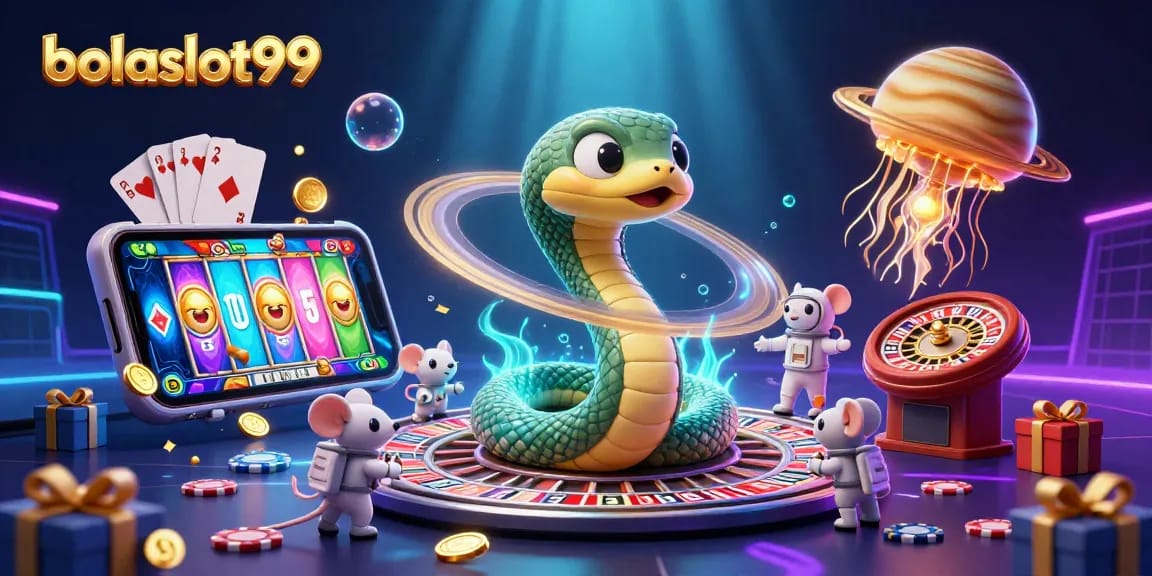 Experience excitement with bolaslot99 as astronaut mice bet around a cosmic roulette wheel in a vibrant casino scene.