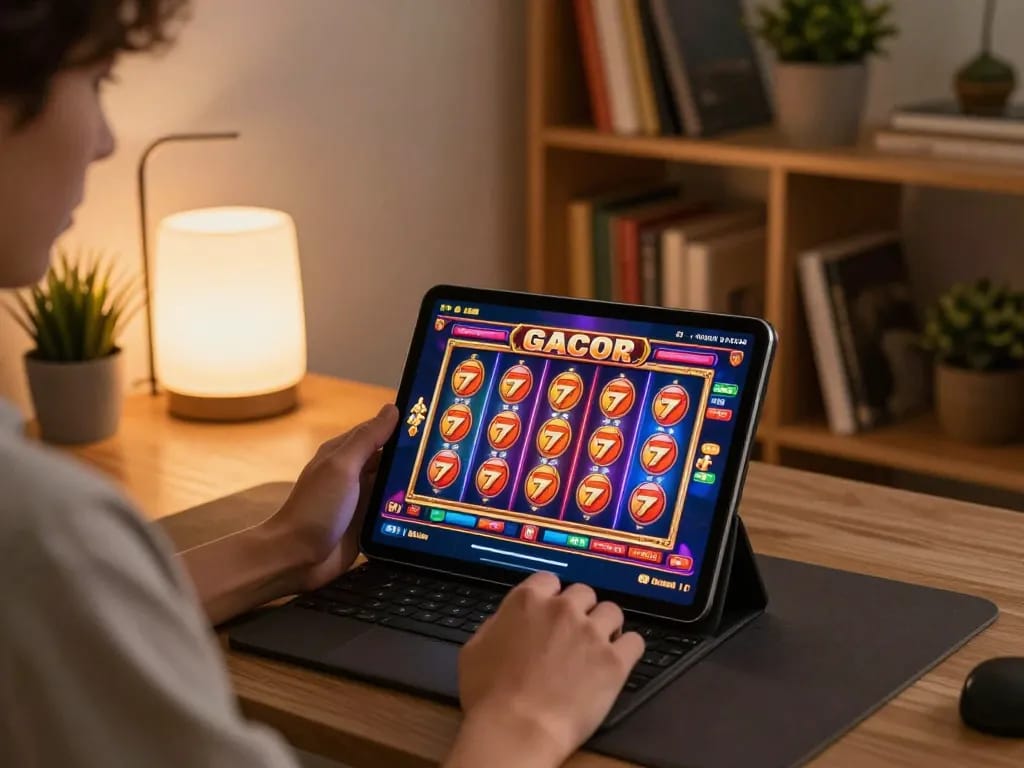 Memainkan slot gacor 777 secara online di tablet dalam suasana rumah yang nyaman dengan pencahayaan hangat