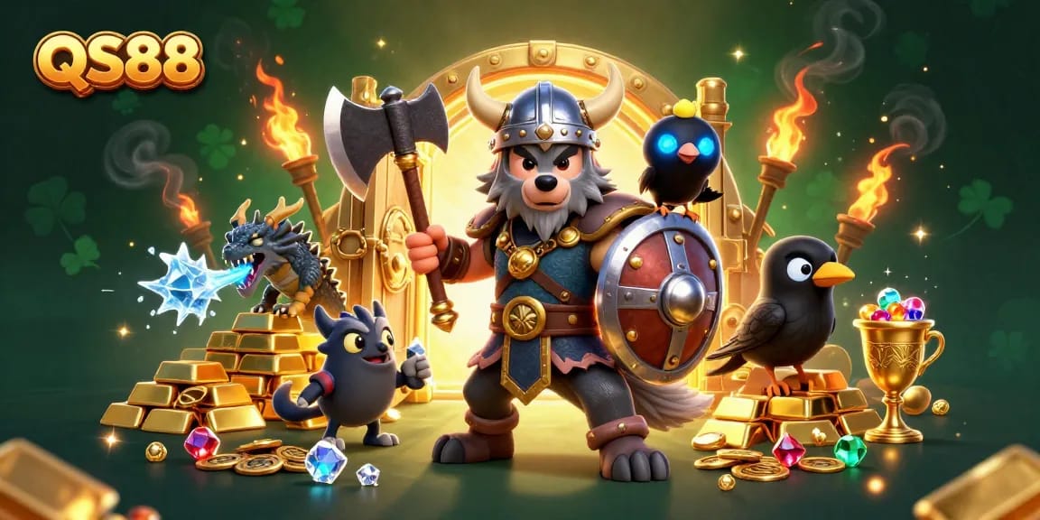 Experience the thrill of winning at QS88 with dynamic 3D casino characters swirling amidst gold and gems.