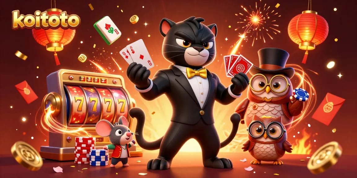 Bermain slot online di KOITOTO dengan karakter kasino yang ceria dan berbagai simbol keberuntungan.