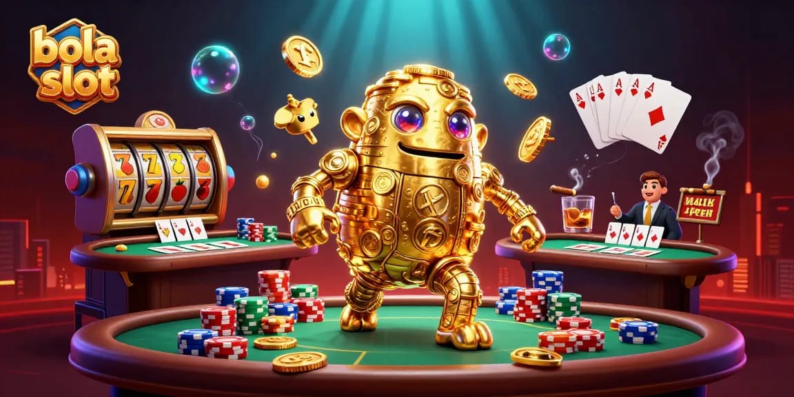 Engage with bola slot as a golden golem spins fortune-filled slot reels in an exciting casino scene.