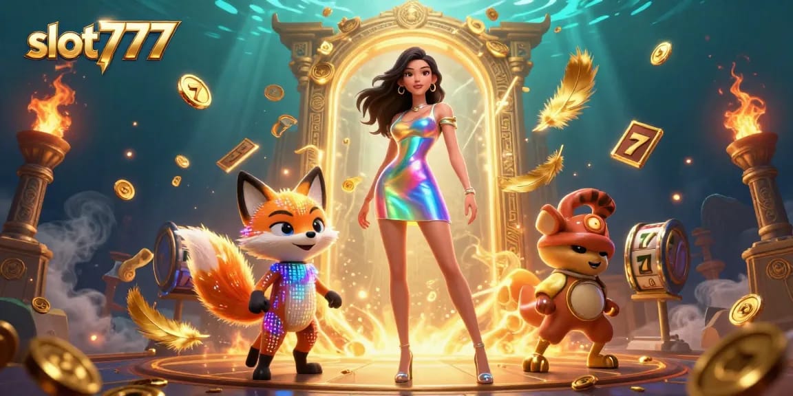 Experience the thrill of slot777 with vibrant slots, a jackpot counter, and colorful characters.