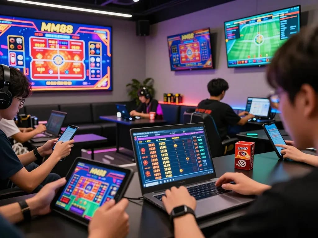 Players engaged in dynamic live betting on MM88 in a contemporary gaming lounge, showcasing excitement.