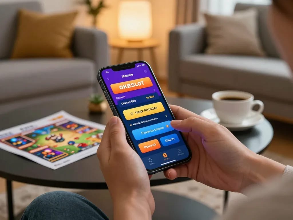 Main OKESlot Deposit Qris Tanpa Potongan facilitates intuitive mobile gaming experience, showing a smartphone in action.