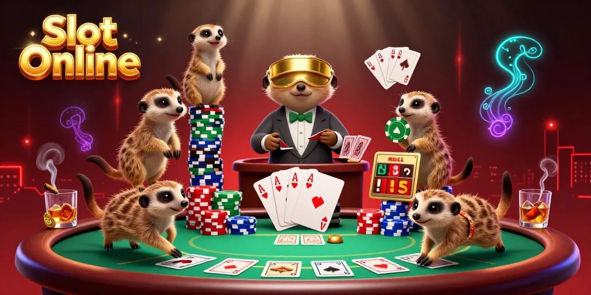 Experience thrilling Slot Online action with playful meerkats managing a casino, vibrant chips, and games.