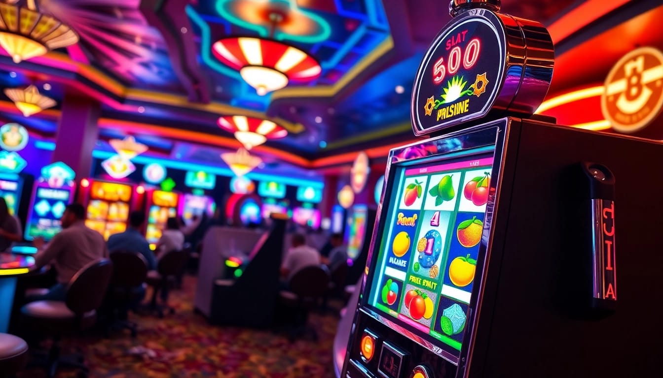 Permainan slot gacor dengan mesin yang berwarna cerah dan pemain bersemangat di kasino.