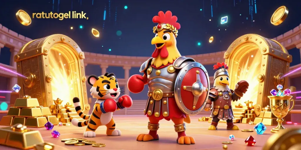 Engage with the vibrant ratutogel link scene featuring a gladiator rooster and treasures in a dynamic casino arena.