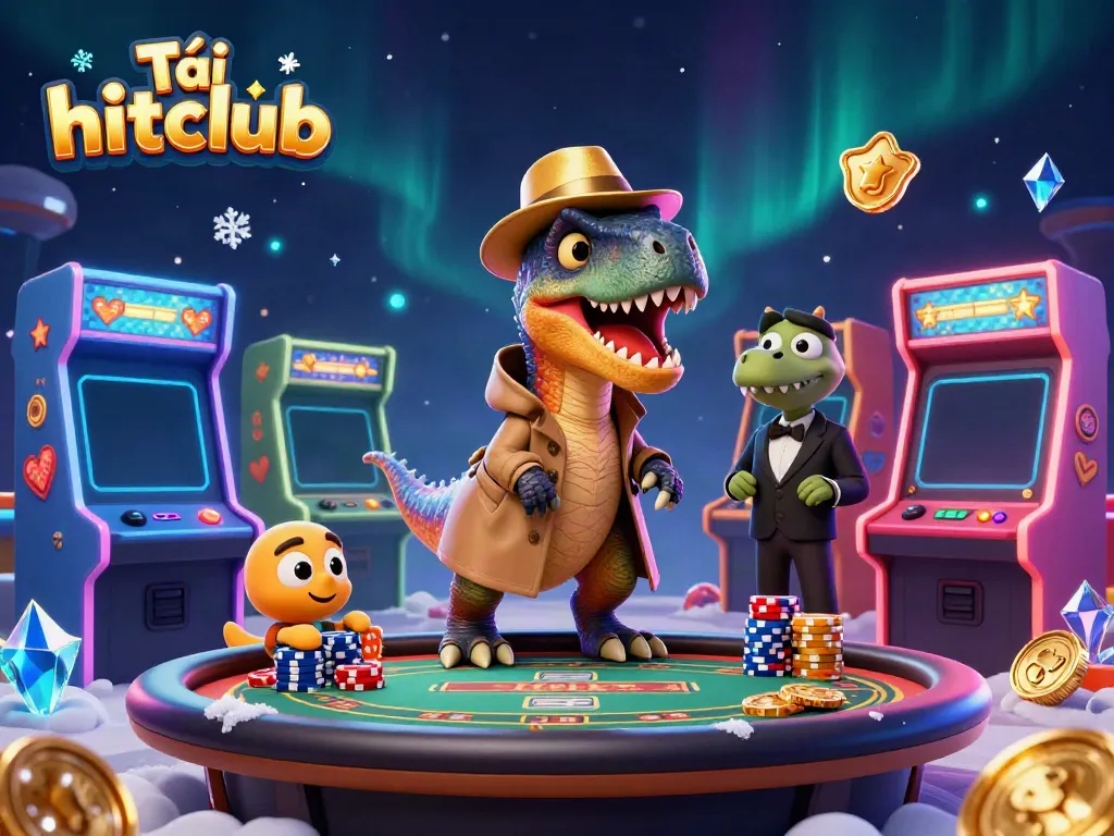 Tải hitclub as a velociraptor card counter conspires at a blackjack table in a vibrant 3D casino scene.