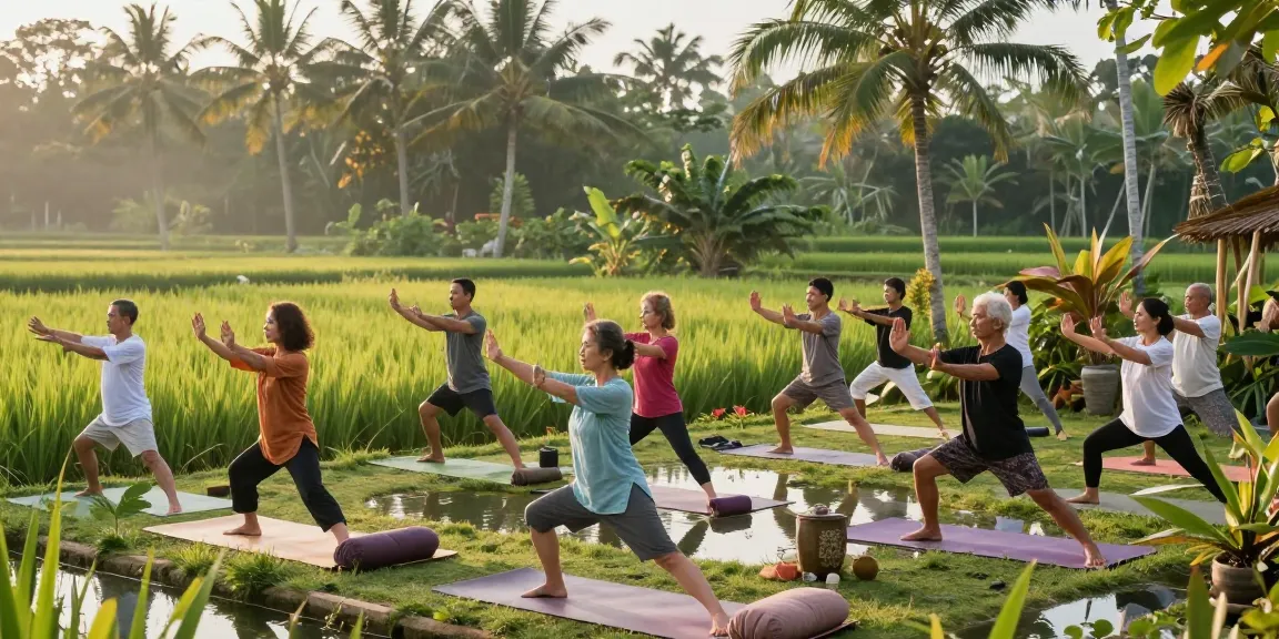 Participants practicing Qi Gong Bali in lush green surroundings, promoting wellness and meditation.