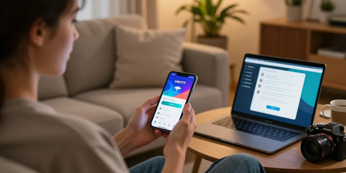 Akses aplikasi UFO777 di smartphone pengguna dengan tampilan modern di ruang tamu yang nyaman.