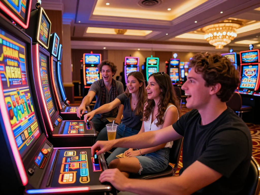 Pengunjung bermain situs slot di kasino dengan suasana meriah dan penuh kegembiraan.