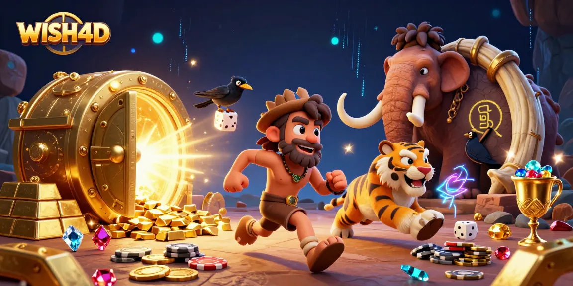 Experience the thrill of WISH4D with a lively caveman and sabertooth duo at their prehistoric casino.