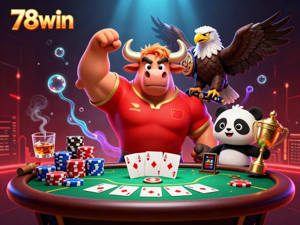 78win's vibrant casino scene featuring a bull mascot celebrating victory with a trophy.