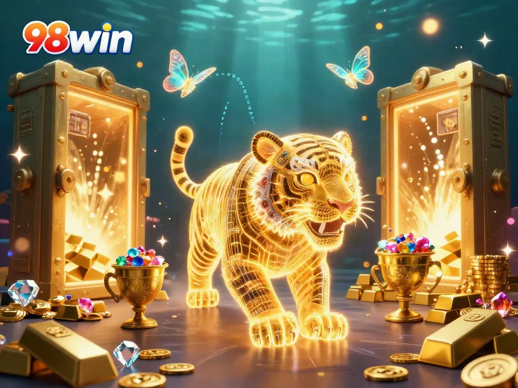 Experience the exhilarating atmosphere of 98win with 3D golden tiger and vibrant casino elements.