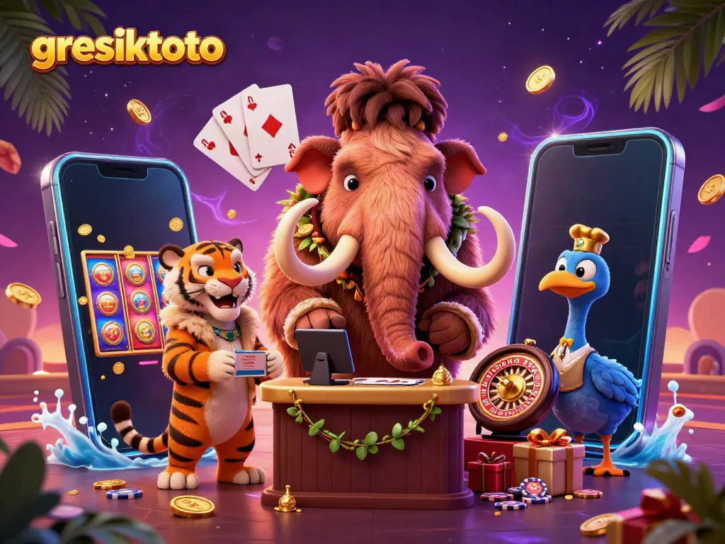 GRESIKTOTO: Bouncer mamut dan tamu VIP di kasino digital yang elegan dan penuh warna.