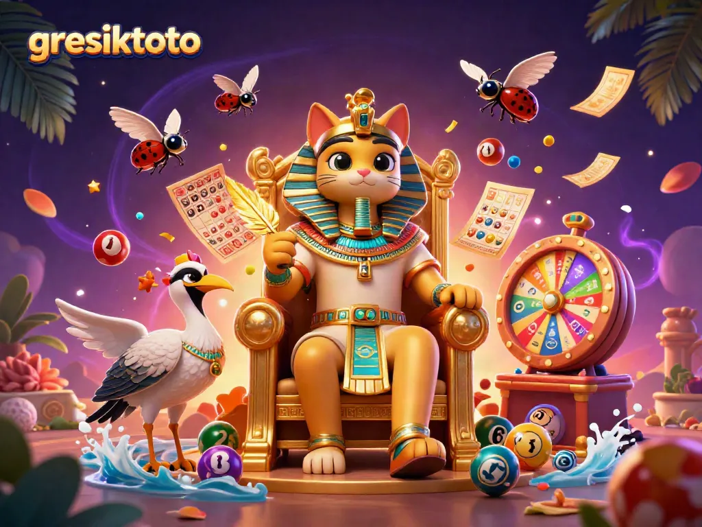 Experience vibrant excitement with gresiktoto as the pharaoh cat presides in a golden casino scene filled with games.