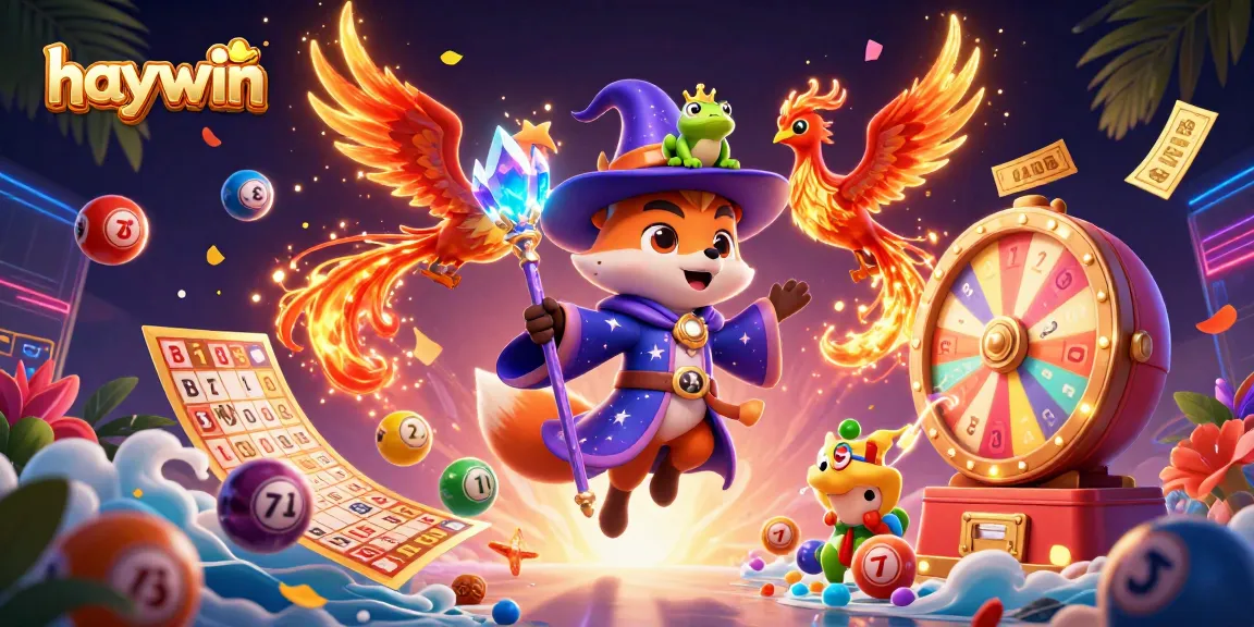 Play exciting lottery games with haywin's vibrant characters and magical elements in this lively graphic.