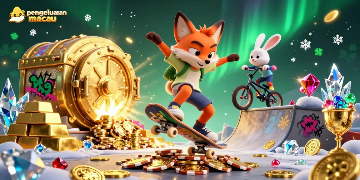 Pengeluaran macau menampilkan rubi berkilau, koin emas, dan karakter animasi kasino dalam ilustrasi