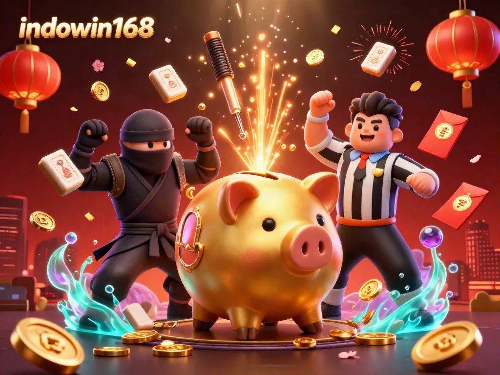 Engage with indowin168 in a vibrant, energetic casino environment with dynamic 3D characters and effects.