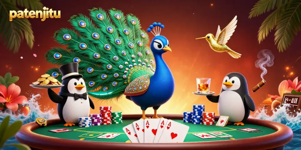 Permainan poker seru di patenjitu dengan karakter menarik dan suasana kasino yang mewah.