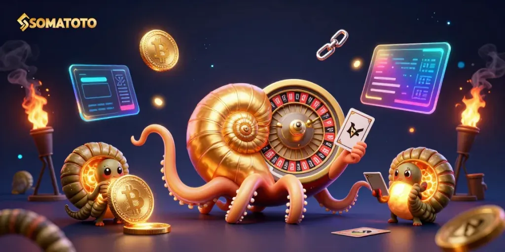 SOMATOTO's ancient nautilus features a roulette wheel body in a vibrant casino scene full of cryptocurrency elements.