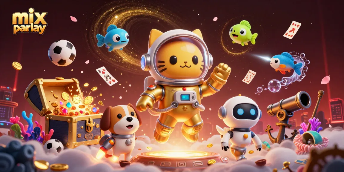 Engage in mix parlay betting with a vibrant 3D scene of sports elements, astronaut cat, and treasure.