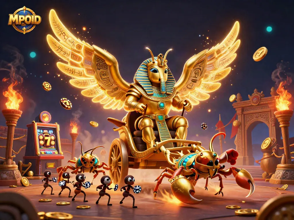 MPOID platform showcases a colossal golden scarab beetle in pharaoh armor amidst a thrilling casino scene with dynamic slot elements.