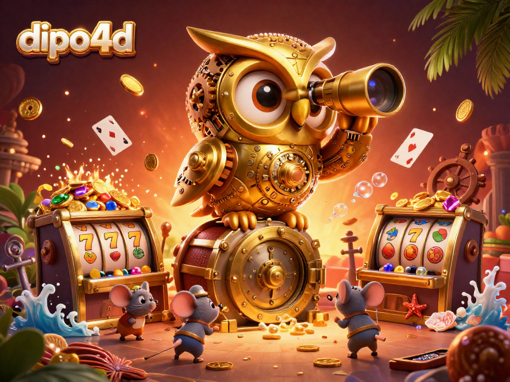 Experience exhilarating gameplay with dipo4d as a golden owl oversees vibrant slot machines bursting with color and excitement.