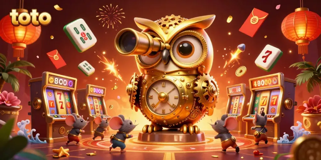 Menggali keberuntungan di kasino dengan simbol toto, mesin slot, dan kerumunan karakter lucu.