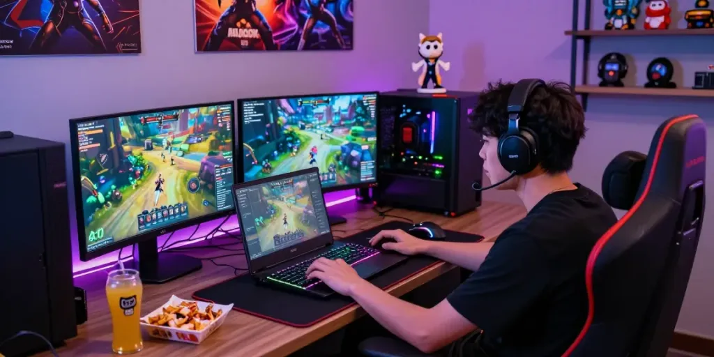 Proses login natunatoto di setup gaming yang dinamis dengan gamer, perangkat gaming, dan suasana ceria.