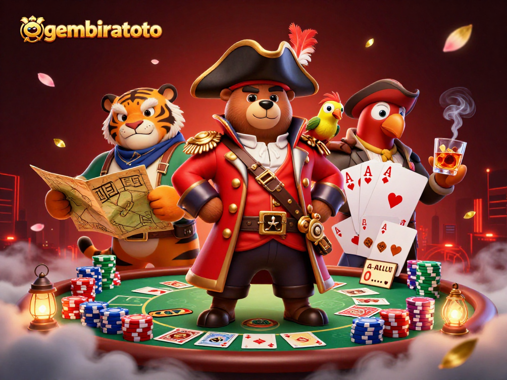 Memenangkan jackpot di gembiratoto dengan karakter kartun yang ceria dan elemen permainan kasino.