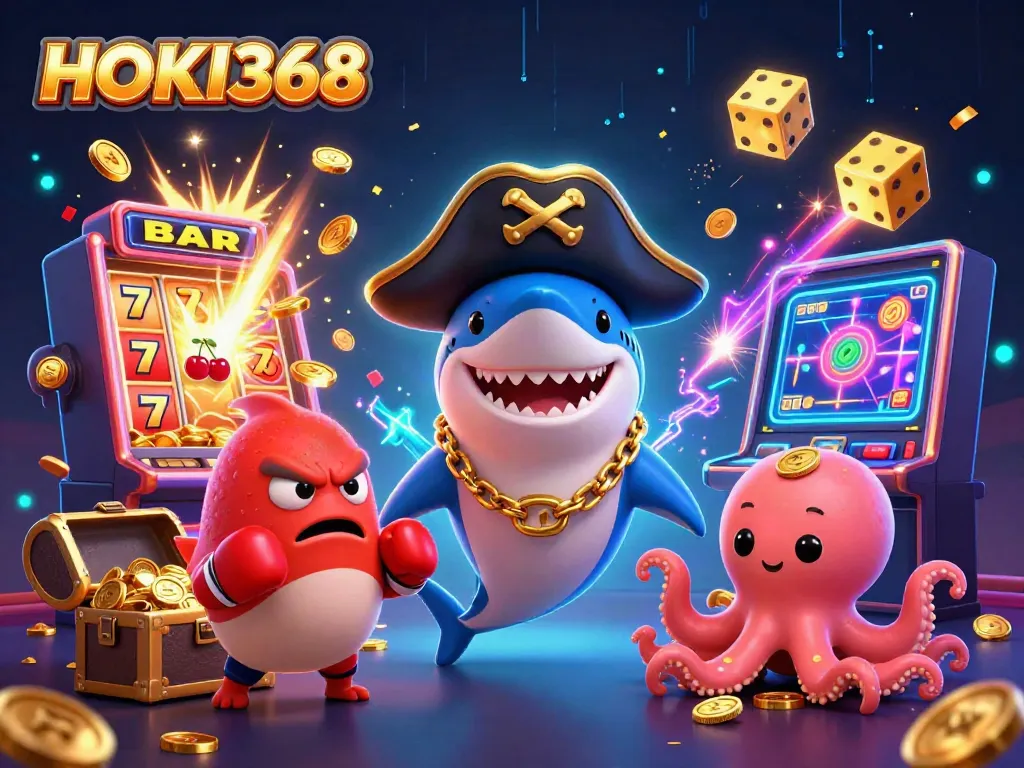 HOKI368 invites players to explore an exciting world of slots with engaging cartoon characters and vivid casino elements.
