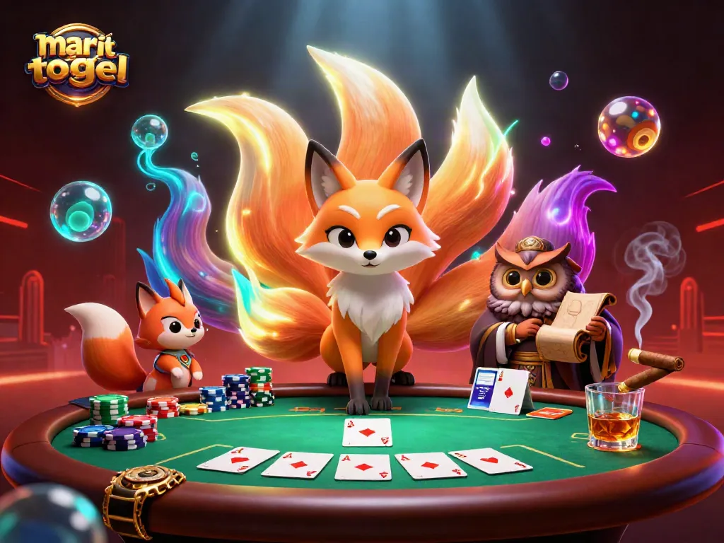 Play thrilling games at mariatogel, featuring a vibrant scene with a nine-tailed fox and poker elements.